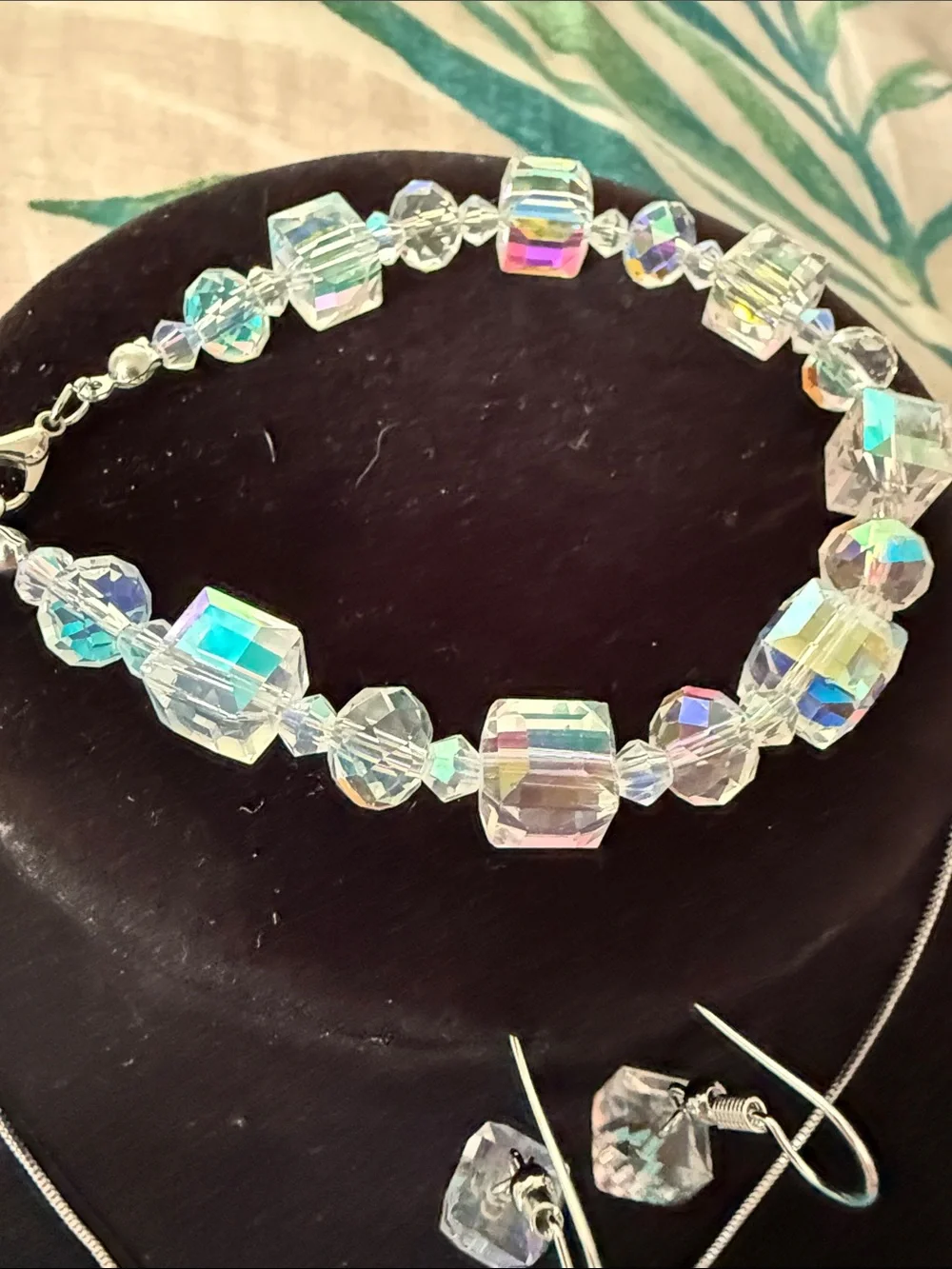 New Women’s Aurora Borealis Crystal Cube Necklace, earrings & bracelet